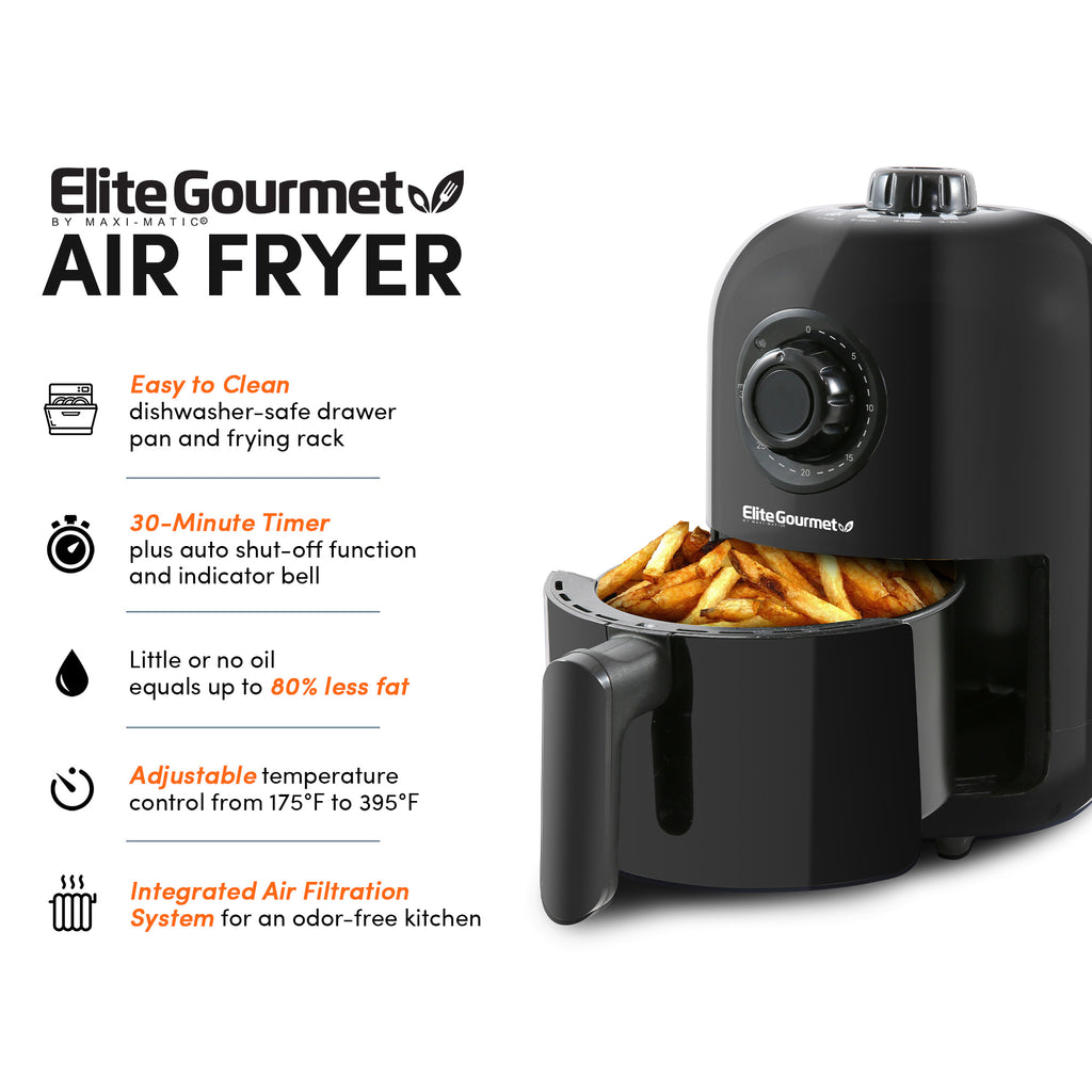 Elite Gourmet AIR FRYER Easy to Clean dishwasher-safe drawer pan and frying rack 30-Minute Timer plus auto shut-off function and indicator bell Little or no oil equals up to 80% less fat Adjustable temperature control from 175°F to 395°F SSS Integrated Air Filtration System for an odor-free kitchen. Drawer Pan pulled out with Fries inside