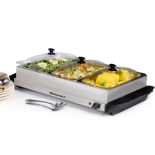 3 Tray 7.5-Quart Triple Buffet Server Food Warmer with Clear Slotted Lids